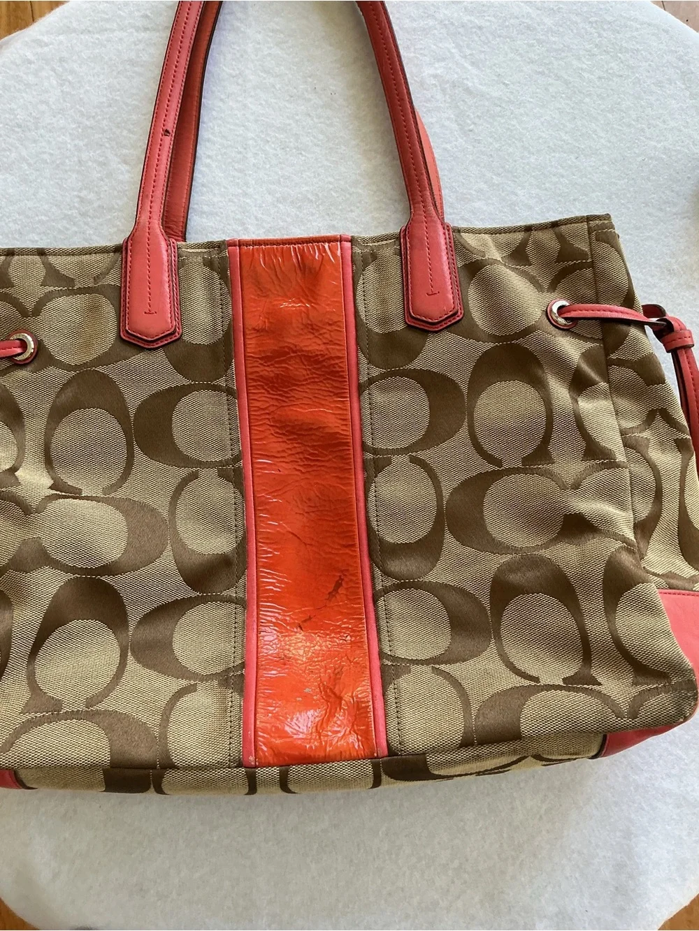 Coach Chelsea Signature Stripe Charlie Tote Khaki Coral‎ Patent Leather Bag